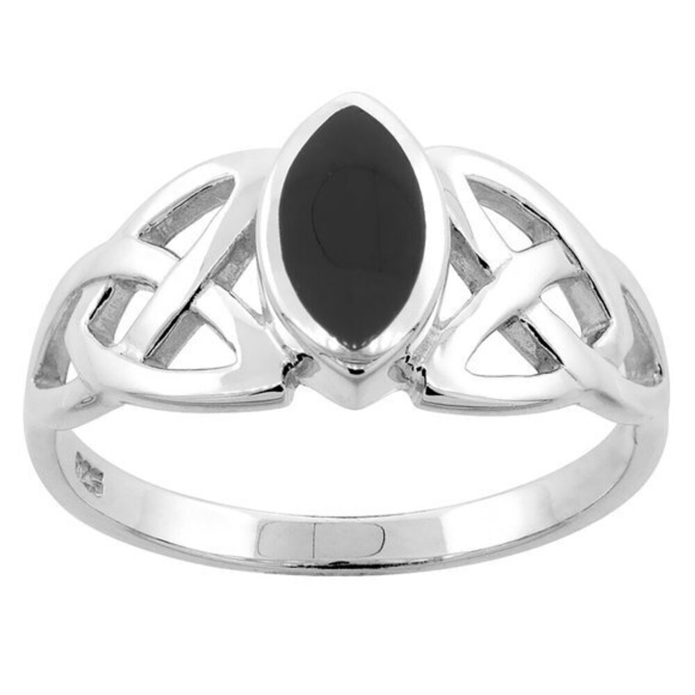 Sterling Silver Marquise Black Onyx Celtic Knot Trinity Triquetra Ring for Women